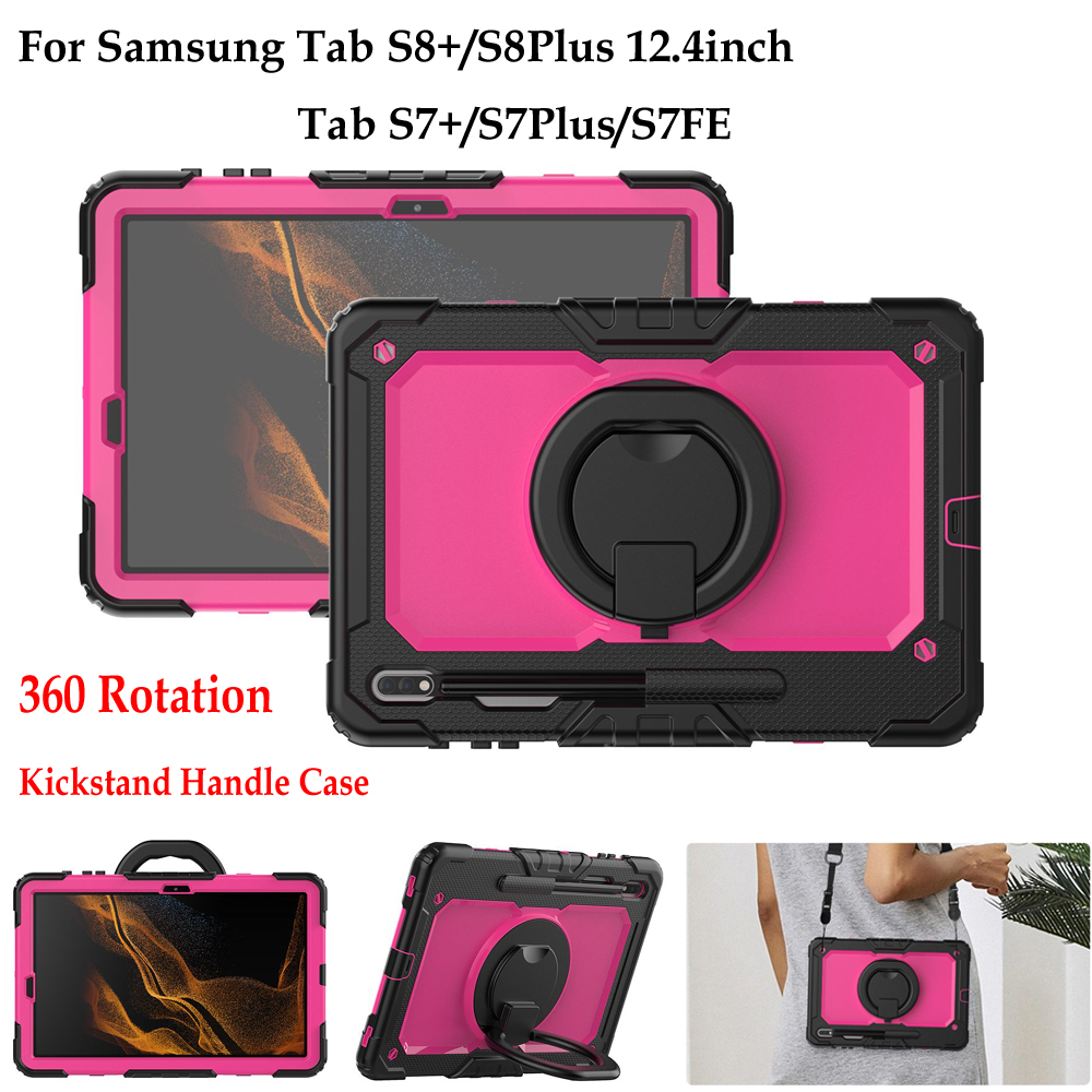 Étui avec support et poignée rotative à 360 ° pour Samsung Galaxy Tab S8, S7 Plus, S8 +, 12,4 pouces, S8Plus, robuste, résistant aux chocs, pour enfants, housse de tablette, bandoulière + film PET