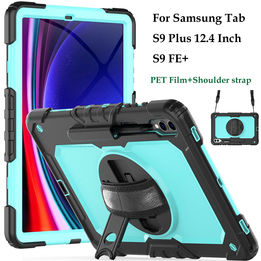 Pour Samsung Galaxy Tab S9 Plus 12,4 pouces étui hybride robuste antichoc bracelet 360 rotation béquille housse de tablette avec film PET bandoulière s9 + s9FE +