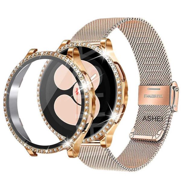 Pour samsung galaxy watch 4 5 bande + étui 40mm 44mm boucle de maille Bracelet en acier inoxydable étui bling Protecteur d'écran en verre trempé