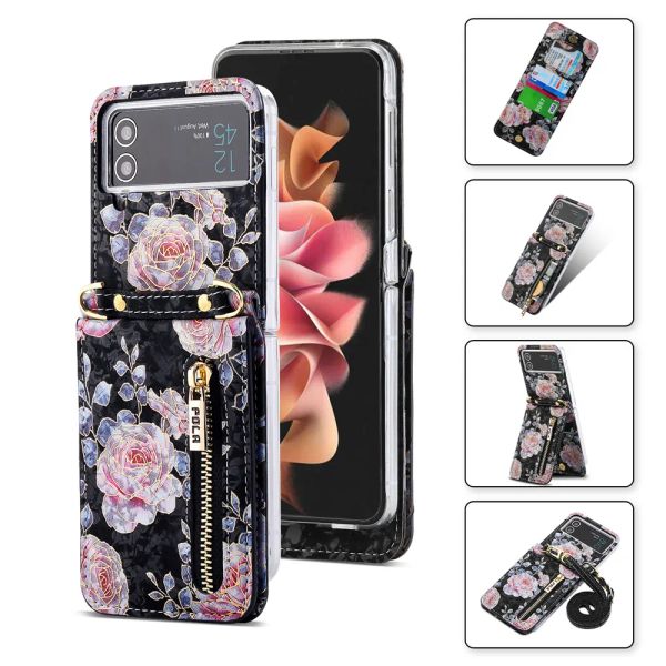 Para Samsung Galaxy Z Flip 5 4 3 5G Funda tipo billetera Titular de la tarjeta Patrón de flor rosa Flip Cuero Cremallera Cruzado Correa de cordón Kickstand Cubierta del teléfono