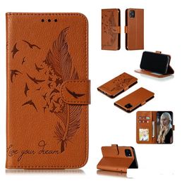 Fundas de billetera de cuero con diseño de pájaro y plumas Leechee, marco de lujo, ranura para tarjeta, soporte con tapa para Samsung Note 20 Plus M01 M05 A21 A31 M31 A70E A41 A11