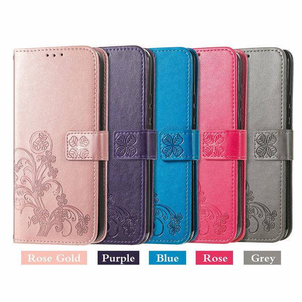 Étuis de téléphone portefeuille pour iPhone 14 13 12 11 Pro Max X XS XR 7 8 Plus Trèfle à quatre feuilles gaufrage Étui à rabat en cuir PU avec emplacements pour cartes