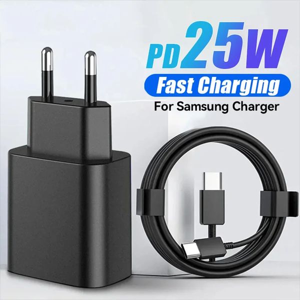 Para Samsung PD 25W Cargador super rápido para Samsung Galaxy S21 S22 S23 S24 A53 A54 5G S20 Fe Nota 20 USB Tipo C Cable de datos Adaptador Accesorios de cargador de pared EU Potencia EE. UU.