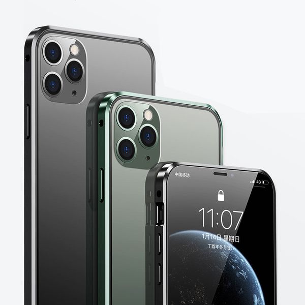 Pour iPhone 12 mini Pro Max double verre étuis magnétiques Adsorption pare-chocs en métal couverture transparente 50 pièces/up