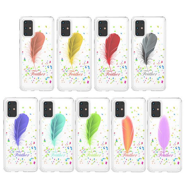 Cas de téléphone pour Samsung S20 Plus S21 Ultra Clear Scrat Résistance Acrylique Régie Acrylique Plumes de pluie Pen design Couverture de gaufrage