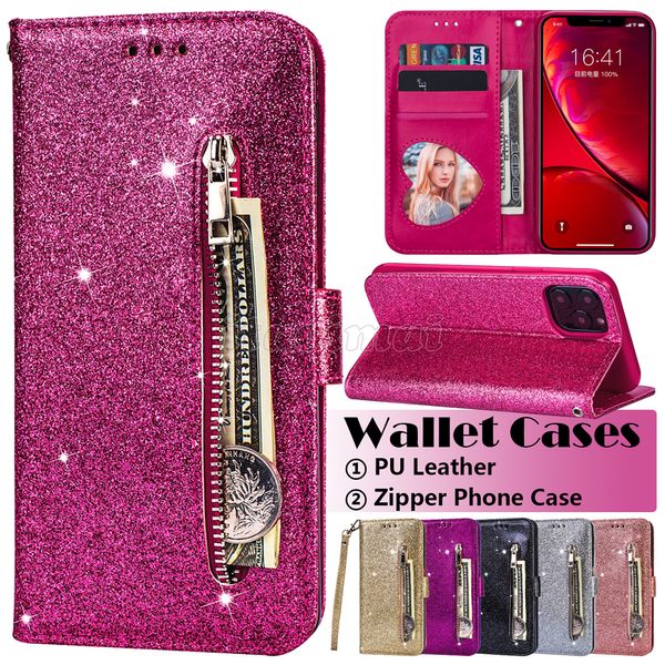 Étuis de téléphone portefeuille à fermeture éclair pour iPhone 14 13 12 11 Pro Max XR XS X 7 8 Plus - Étui à rabat en cuir PU à paillettes brillantes avec porte-monnaie