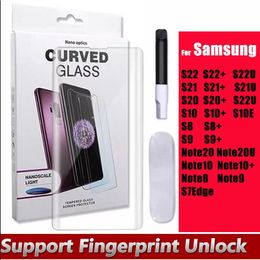 Voor Samsung gehard glazen beschermer 9D UV nano -vloeistof gebogen met retailpakket S22 S21 S20 plus Note20 Ultra S10 Note10 plus S8 S9 Note8 Note9