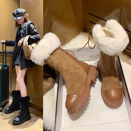 Pour bottes de neige femmes hiver coréen fond épais tête ronde dos laçage cheveux bouche mode