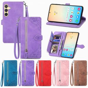 Multifunctionele hoesjes voor Samsung S24 Plus Ultra A15 A35 A55 A25 5G Xiaomi 14 Pro Rits Lederen Portemonnee Kant Bloemenprint Stand Meisjes Dame Flip Cover Kaart Geldzakje