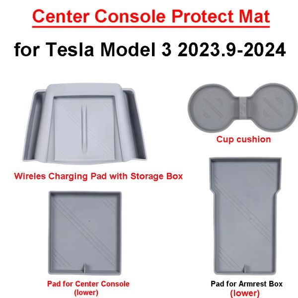 Alfombrilla protectora para consola central Tesla Model 3 Highland 2024, bandeja organizadora de almacenamiento, almohadilla de carga inalámbrica, taza, accesorios grises