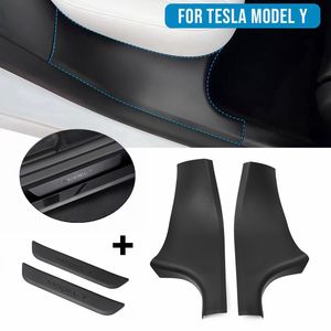 Protector de alféizar de puerta trasera para Tesla Model Y 2021 2022 ABS, cubierta de placa de desgaste, cubierta de alféizar interior de puerta, accesorios adhesivos de decoración exterior