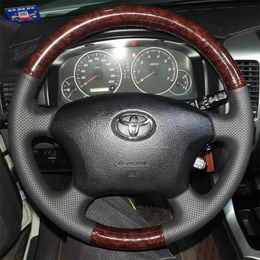 Voor Toyota Old Prado Previa FJ Cruiser Hand Stikte niet-slip grijs echt lederen perzik hout korrelauto stuurwielhoes