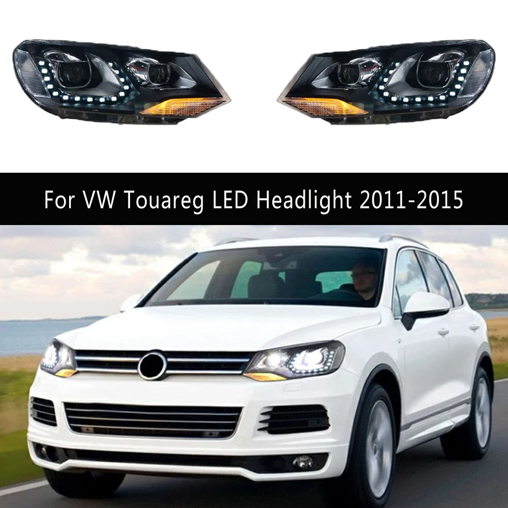 För VW Touareg LED-strålkastare 11-15 bilhuvudlampa DRL DAGTIME Running Light Streamer Turn Signal High Beam Angel Eye Projector Lens