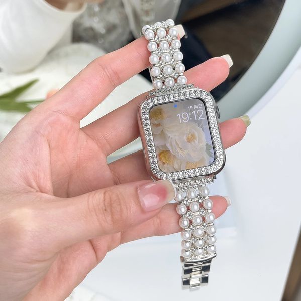 Pour les bandes de montre 49 mm 45 mm 41 mm 40 mm 44 mm Femme Perl Metal STRAP DIAMOND CASE POUR IWATCH ULTRA 8 7 6 5 4 3 SE 240326