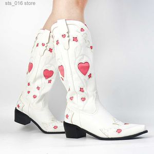 Pour wesetrn cowgirls cowboy femmes 2022 coeur pointu pointe broderie florale chunky talon genou high vintage bottes t2 144c