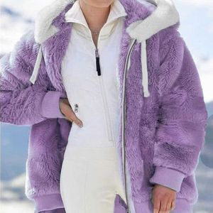 Voor Dames Winter Hooded Jacket Fashion Cardigan Rits Casual Losse Effen Kleur Pluche Lange Mouw Warm Bont Katoenen Kleding 2021 Y0829