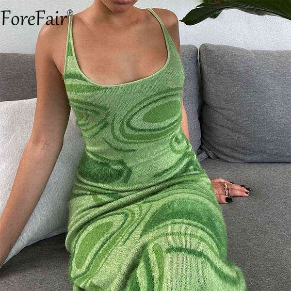 Forefair-vestido verde playero para mujer, vestido Sexy sin mangas con tirantes finos, Midi de punto con agujeros, vestidos de fiesta informales G1214 2021