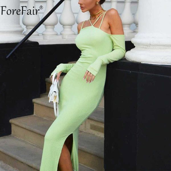 Forefair automne licou cou vert robe avec manches 2021 été femmes mode hors épaule fendu Sexy moulante Maxi robes fête Y0726