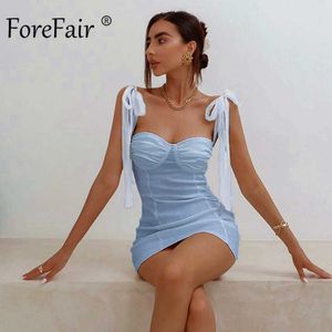 Forefair Bow Tied Mini Dress Sexy Bodycon Strapless Off Shoulder Lace Up Solid Black White Short Dress Party Y0603