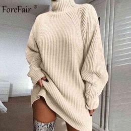 Forefair vestido de punto de gran tamaño suéter otoño 2019 sólido manga larga Casual elegante Mini cálido invierno vestido de cuello alto mujeres G1214