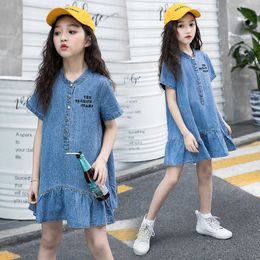 Buitenlandse stijl meisjes losse ruches denim jurk zomer nieuwe kinderen vrije tijd uit een stuk kledingstuk kinderen prinses jurken kleding x452 q0716