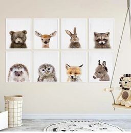 Pintura de animales del bosque, decoración nórdica para dormitorio de bebé, jirafa, conejito, elefante, lienzo, póster infantil, arte de pared para guardería, impresión de imagen Woo