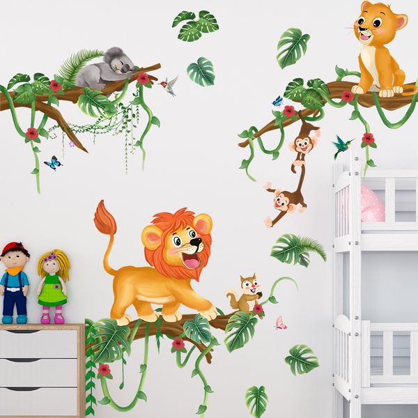 Animaux de forêt Autocollants muraux Cartoon Lion singe pour enfants Salle de maternelle au papier peint décoratif auto-adhésif Autocollants muraux amovibles