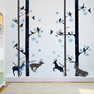 Bosque negro animales ciervos pájaro árbol pegatinas de pared hogar sala de estar dormitorio decoración adesivo de paredes calcomanías de pared arte mural 210420