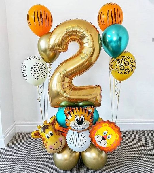 Accesorios de diseño de escena de fiesta, conjunto de globos de látex de papel de aluminio con animales de dibujos animados de bosque para decoración de cumpleaños, globos, decoración para eventos