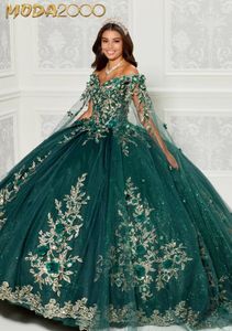 Robes de Quinceanera à motifs floraux vert forêt avec manches Cape épaules dénudées or Applique Corset vestidos de baile