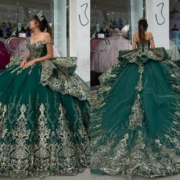 Bosgroene prinses jurken prom ball jurk uit schouder kanten appliqued vestido de quinceanera sweep trein tule maskerade jurk