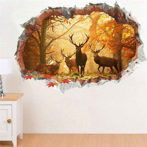 Forêt Jungle Sauvage Cerf Feuille Stickers Muraux 3D Vivid Stickers Muraux Affiche Murale Salon Chambre Décor À La Maison