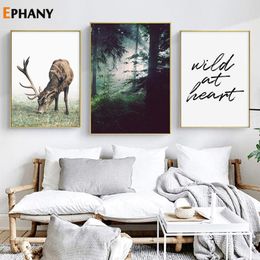 Póster de lienzo con paisaje de bosque, estilo nórdico, ciervo salvaje, arte de pared, cuadro decorativo, cuadro, decoración escandinava para el hogar