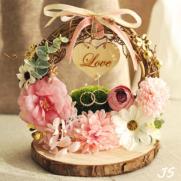 Forest Nest Ring Oreiller porteur de fleur rose Photo accessoires Engagement Décoration de mariage Céde de mariage Idée de proposition de mariage