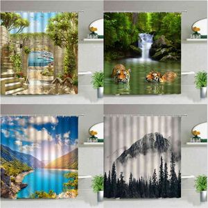 Bos Landschap Tijger Waterval Dier Berg Douche Gordijnen Boom Plant Landschap Badcoratie Decor Badkamer Gordijn Set met Haak 210915