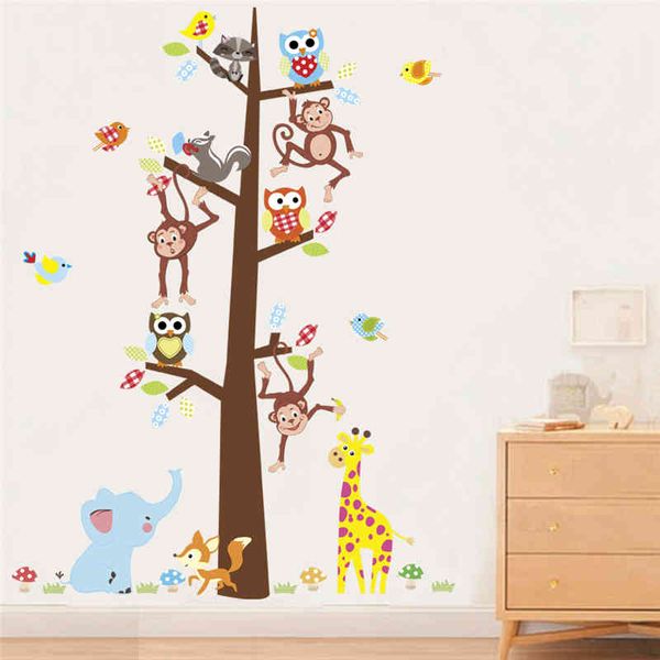 Arbre forestier Hibou Singe Girafe Stickers muraux pour chambres d'enfants Décor à la maison Animaux de dessin animé Stickers muraux PVC Mural Art DIY Affiche 210420