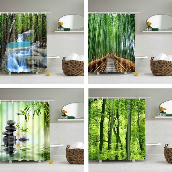 Arbres forestiers imprimés rideaux de bain 3D tissu de polyester imperméable lavable écran de rideau de douche de salle de bain avec crochets accessoires 201127