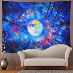 Forest Trees Tapestry Trippy Moon Galaxy Sky Colorful Starry Night Carpet Wall Hanging For Living Room Tapiz J220804
