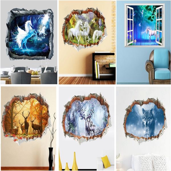 Pegatina de pared de unicornio de bosque para habitación de niños, cabeza de caballo, guardería, dormitorio, decoración para sala de estar, calcomanías de pared con efecto 3d, murales, regalo de arte