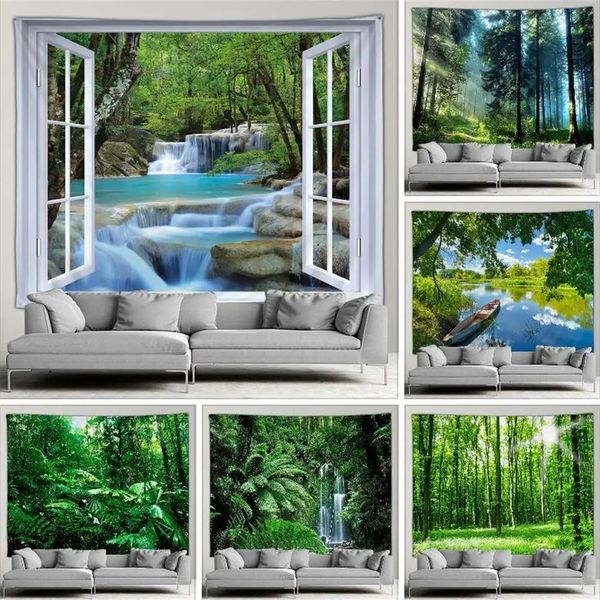 Forêt Cascade Paysage Tapisserie Extérieur Jardin Affiche Nature Tropical Verdure Simple Style Moderne Tenture Murale Écran 240304