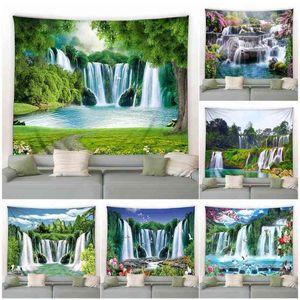 Forêt Cascade Tapisserie Lac Oiseaux Rural Plantes À Fleurs Style Chinois Nature Paysage Salon Cour Décor Tenture Murale J220804