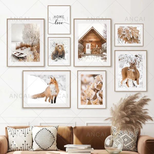 Forest Winter Landscape Pictures Canvas Peinture mur art moderne blanc moderne Snow Animal Feuilles Affiche Print Salon Decoration