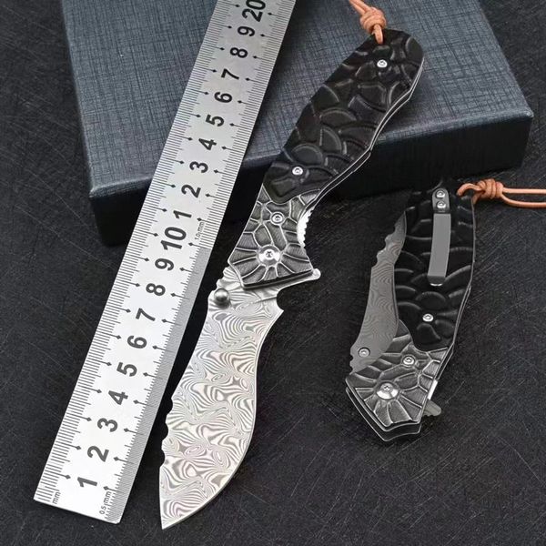 Cuchillo plegable de Damasco Kukri de 110 capas de acero Mango de part￭culas con vaina de cuero Hunting Outdoor Affish Pocket Camping EDC Knives