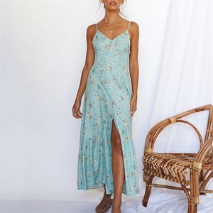 Foridol dos nu fente Maxi robe femmes été bohème robe sans manches bleu plage vacances robe longue Vestidos 210415
