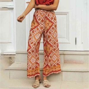 Foridol Bohemian Wide Leg Pantalon Femmes Taille Haute Cordon De Plage Pantalon Long Pantalon Imprimé Floral Orange Pantalon De Coton De Vacances 210415