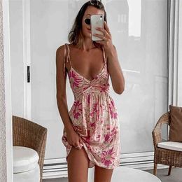 Foridol Casual Floral Boho Elegant Frans Dres Roze Bloem Print Boheemse Strand Stijl Zomer Mini 210623