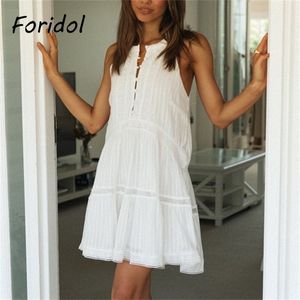 Foridol Casual suelto vestido de playa mujeres elegante encaje blanco vestido de verano sin mangas mini vestidos cortos de mujer 210415