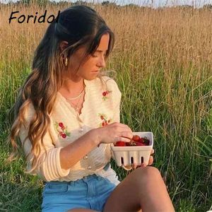 Foridol Crochet Embriodery Cardigans recadrés Femmes Brandy Melville Cardigan Crop Top Col V Tricoté Vintage Pull Jaune 210415