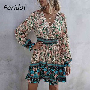 Foridol Floral Imprimer Robe Bohème Casual Manches Longues Summer Beach Style Robe Courte Femmes Femme Élégante Mini Robes 210415