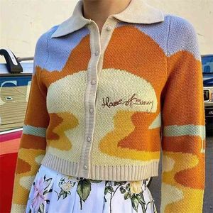 Foridol tricoté cardigan court femmes vintage surdimensionné toile peinture court automne hiver hauts décontracté simple boutonnage haut 210415